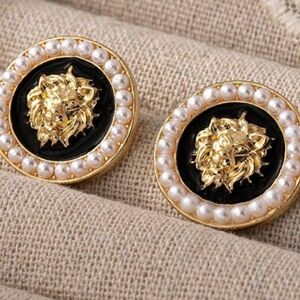 Lion Head and Pearl Stud Earrings